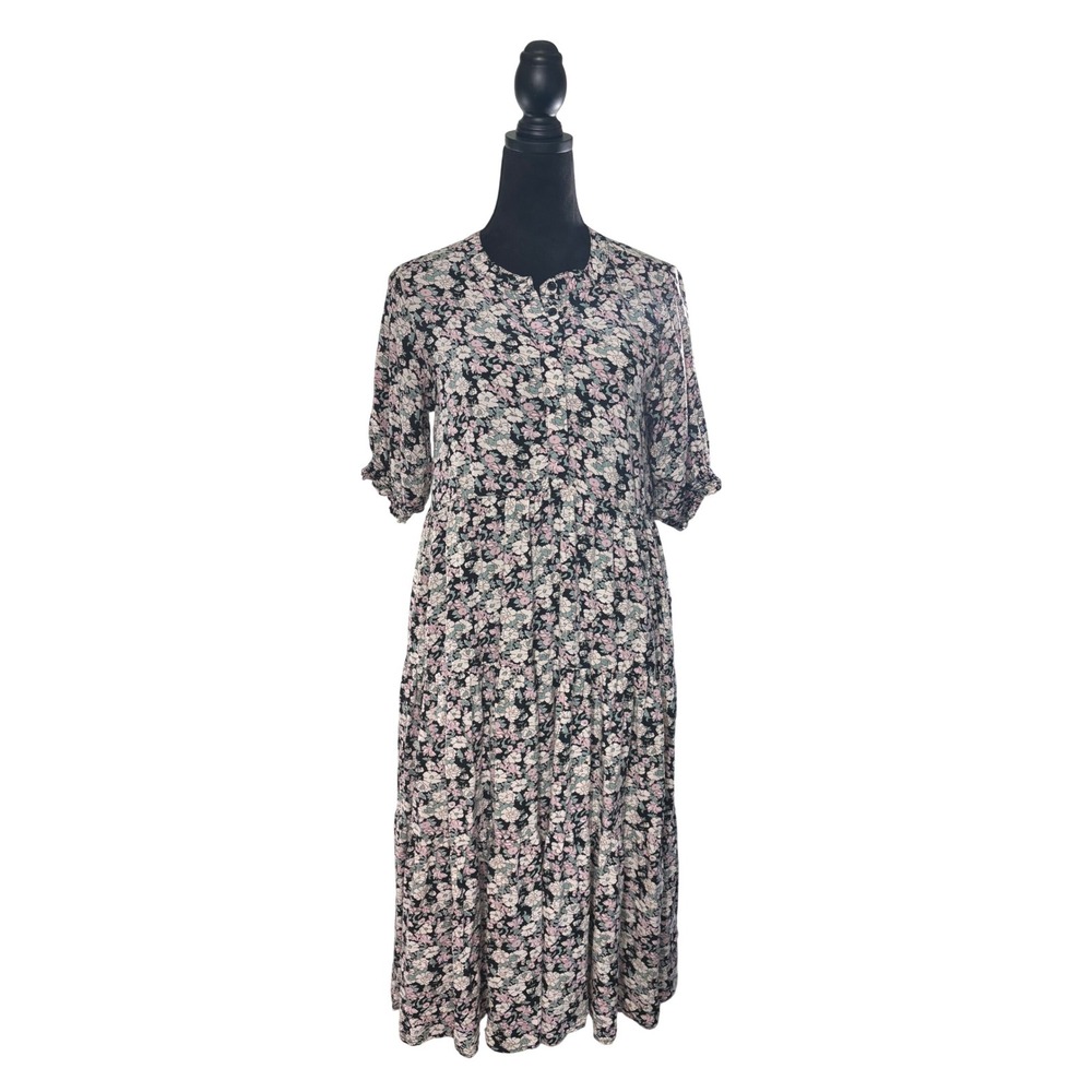 Natural Life Floral Tiered Midi Dress Black Pink‎ Boho Babydoll Rayon Small